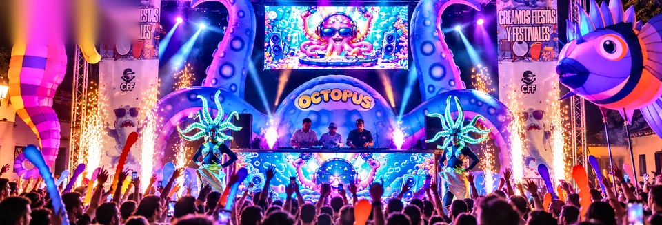 Escenario Octopus Fest: cúpula hinchable con tentáculos, bailarinas con tocados luminosos y chispas frías