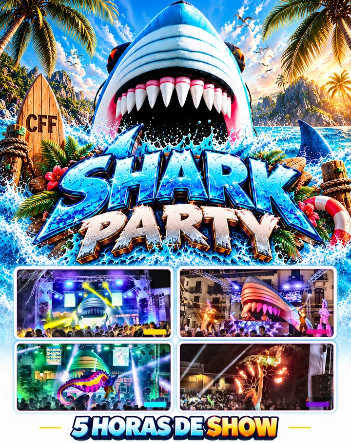 Shark Party: cartel con fotos reales del espectáculo. 5 horas de show.